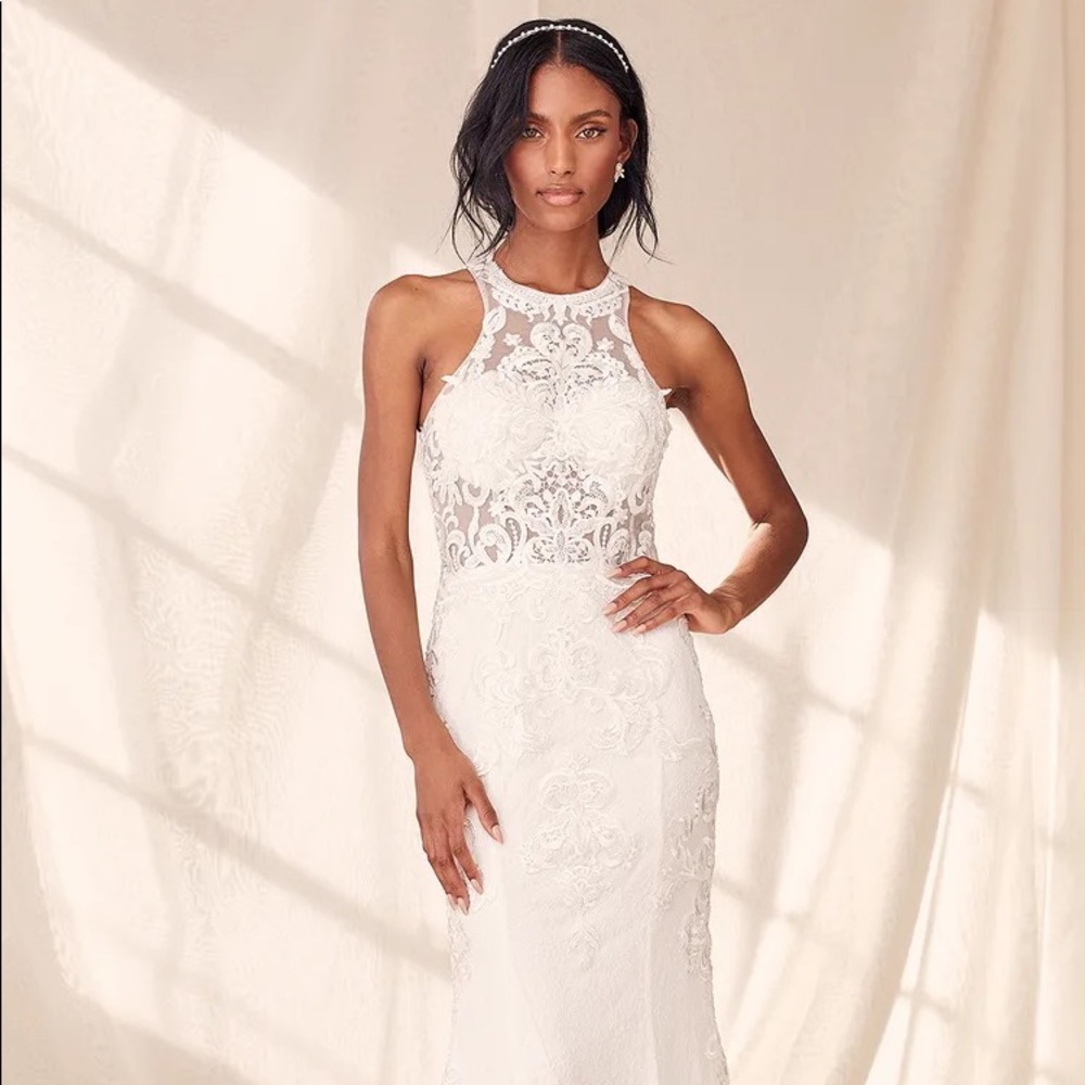 Lulus This Magic Moment White Lace Beaded Mermaid Maxi Dress Size 10